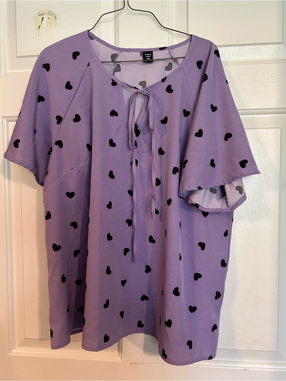 SHEIN Lavender Short-Sleeve Tie-Neck Heart Print Blouse